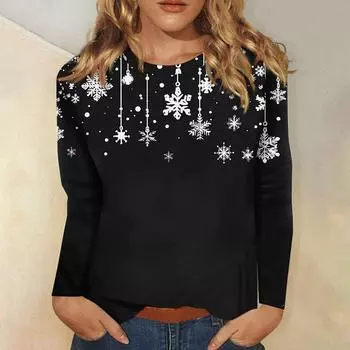 Женская мода повседневный рождественский принт круглый вырез длинный рукав пуловер топ L чёрный