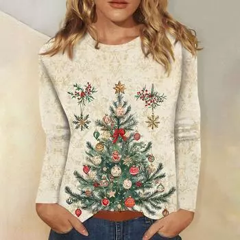Женская мода повседневный рождественский принт круглый вырез длинный рукав пуловер топ XXXL хаки
