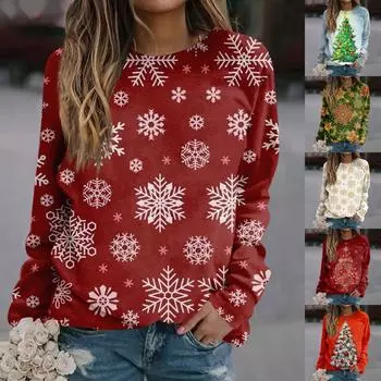 Женская мода повседневный рождественский принт круглый вырез длинный рукав свитер топ S винный