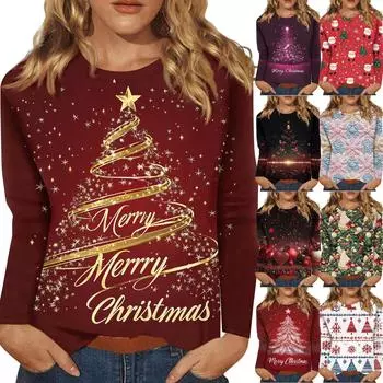 Женская мода повседневный рождественский принт круглый вырез длинный рукав пуловер топ S чёрный
