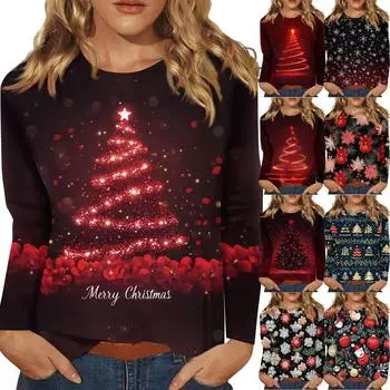 Женская мода повседневный рождественский принт круглый вырез длинный рукав пуловер топ XL винный