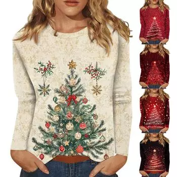 Женская мода повседневный рождественский принт круглый вырез длинный рукав пуловер топ M красный