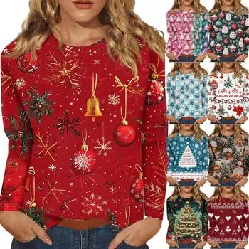 Женская мода повседневный рождественский принт круглый вырез длинный рукав пуловер топ XXXL розовый