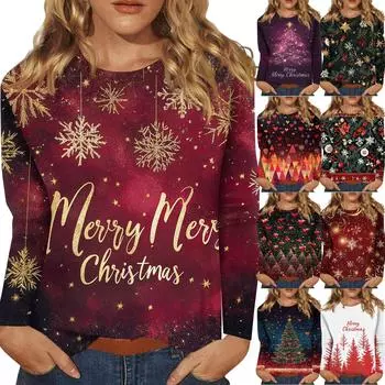 Женская мода повседневный рождественский принт круглый вырез длинный рукав пуловер топ S