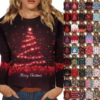 Женская мода повседневный рождественский принт круглый вырез длинный рукав пуловер топ L чёрный