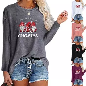 Женская мода, повседневный рождественский принт (ПРОСТО ОБЩАЮСЬ С МОИМИ ГНОМАМИ) Топ-футболка с длинными рукавами Stitching L чёрный