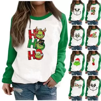 Женская мода, повседневный рождественский принт, пуловер с длинным рукавом и круглым вырезом, свитер, топ XXXL