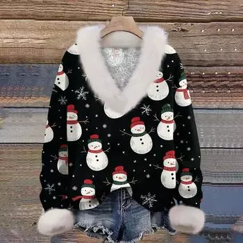 Женская мода повседневный рождественский принт с длинным рукавом и V-образным вырезом пуловер для волос L чёрный