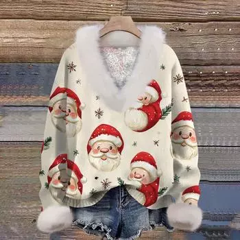 Женская мода повседневный рождественский принт с длинным рукавом и V-образным вырезом пуловер для волос L бежевый