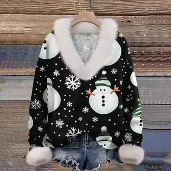 Женская мода повседневный рождественский принт с длинным рукавом и V-образным вырезом пуловер для волос L чёрный