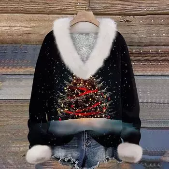 Женская мода повседневный рождественский принт с длинным рукавом и V-образным вырезом пуловер для волос L чёрный