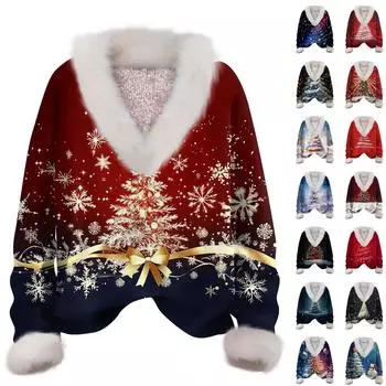 Женская мода повседневный рождественский принт с длинным рукавом и V-образным вырезом пуловер для волос L чёрный