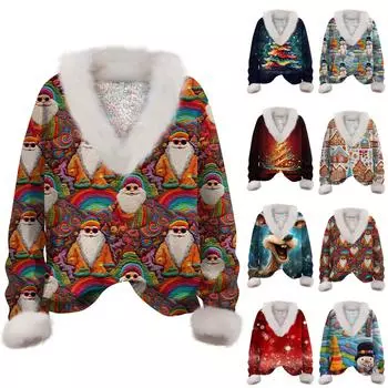 Женская мода повседневный рождественский принт с длинным рукавом и V-образным вырезом пуловер для волос L синий