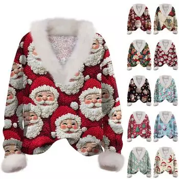 Женская мода повседневный рождественский принт с длинным рукавом и V-образным вырезом пуловер для волос L бежевый