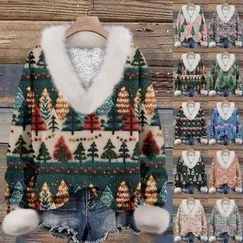 Женская мода повседневный рождественский принт с длинным рукавом и V-образным вырезом пуловер для волос L армия зеленый