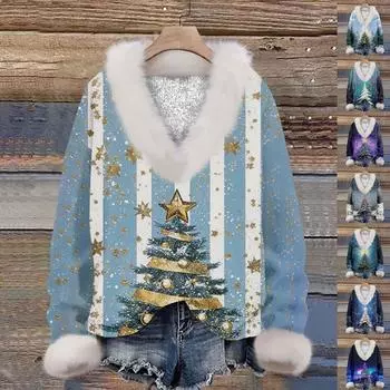 Женская мода повседневный рождественский принт с длинным рукавом и V-образным вырезом пуловер для волос L синий