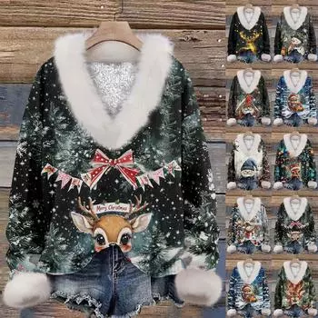 Женская мода повседневный рождественский принт с длинным рукавом и V-образным вырезом пуловер для волос L армия зеленый