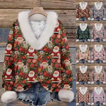 Женская мода повседневный рождественский принт с длинным рукавом и V-образным вырезом пуловер для волос L синий