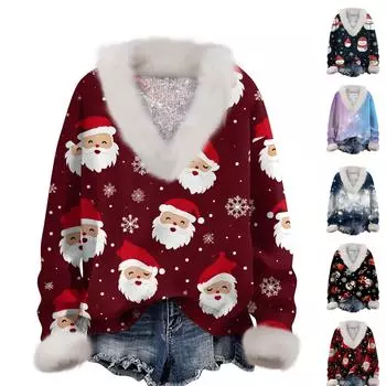 Женская мода повседневный рождественский принт с длинным рукавом и V-образным вырезом пуловер для волос XL чёрный