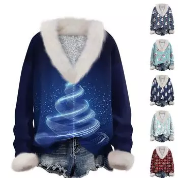 Женская мода повседневный рождественский принт с длинным рукавом и V-образным вырезом пуловер для волос M