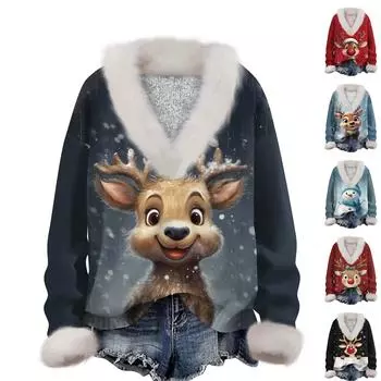 Женская мода повседневный рождественский принт с длинным рукавом и V-образным вырезом пуловер для волос XXXL винный