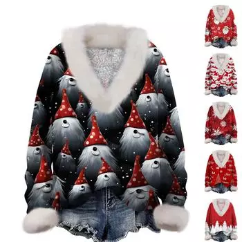 Женская мода повседневный рождественский принт с длинным рукавом и V-образным вырезом пуловер для волос S чёрный