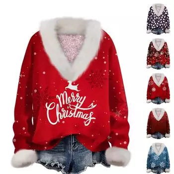 Женская мода повседневный рождественский принт с длинным рукавом и V-образным вырезом пуловер для волос XXXL