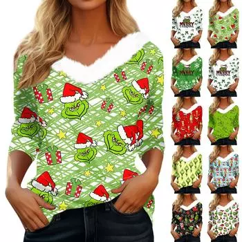 Женская мода повседневный рождественский принт V-образный вырез вязаный свитер пуловер топ XL