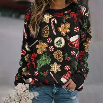 Женская мода, повседневный рождественский принт, женский свитер с круглым вырезом, пуловер, топ L чёрный