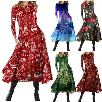 Женская мода, повседневный рождественский пуловер с круглым вырезом и облегающим платьем с длинным рукавом L синий