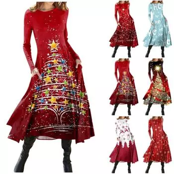 Женская мода, повседневный рождественский пуловер с круглым вырезом и облегающим платьем с длинным рукавом XXXL красный