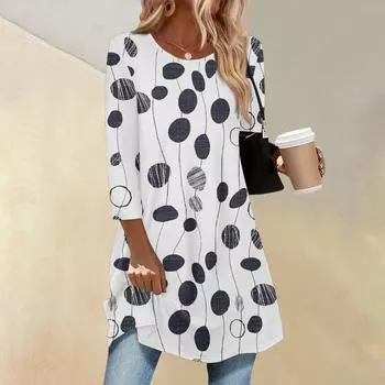 Женская мода повседневный рукав три четверти длинный цветочный принт круглый вырез топ L бежевый