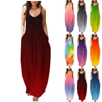 Женская мода, повседневный сексуальный принт с круглым вырезом, жилет на подтяжках, длинное платье трапециевидной формы S фиолетовый