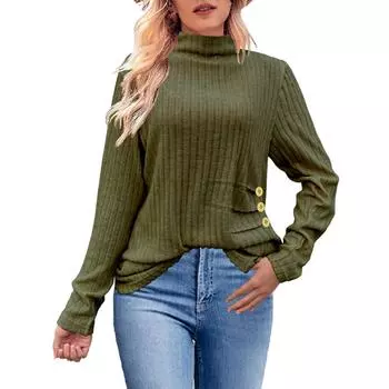 Женская мода повседневный шерстяной полосатый трикотажный топ с высоким воротом и оборками по бокам на пуговицах L армия зеленый