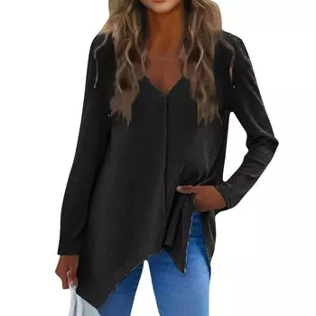 Женская мода повседневный шерстяной трикотажный топ с V-образным вырезом L чёрный