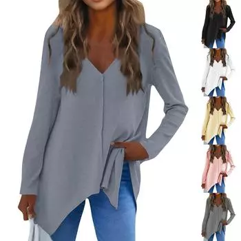 Женская мода повседневный шерстяной трикотажный топ с V-образным вырезом L чёрный