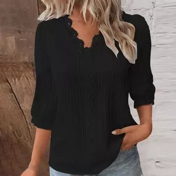 Женская мода повседневный стильный ажурный топ со средним рукавом однотонный L чёрный