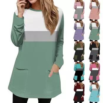 Женская мода повседневный свитер футболка с круглым вырезом карман полосатый пэчворк принтованный топ с длинным рукавом S чёрный