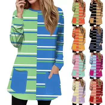 Женская мода повседневный свитер футболка с круглым вырезом карман полосатый пэчворк принтованный топ с длинным рукавом XL жёлтый