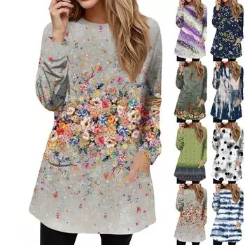 Женская мода повседневный свитер футболка с круглым вырезом карман полосатый пэчворк принтованный топ с длинным рукавом XXL