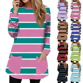 Женская мода повседневный свитер футболка с круглым вырезом карман полосатый пэчворк принтованный топ с длинным рукавом XXXL