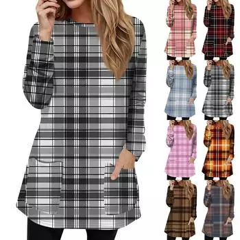 Женская мода повседневный свитер футболка с круглым вырезом карман в клетку с принтом длинный рукав M чёрный