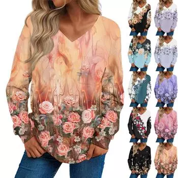 Женская мода повседневный свитер с длинным рукавом и принтом V-образным вырезом L чёрный