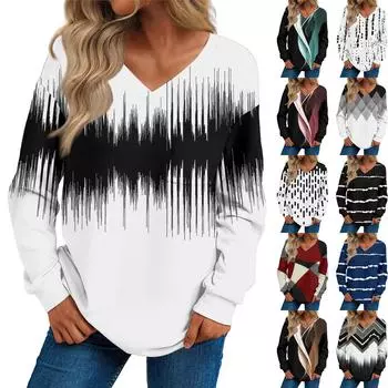 Женская мода повседневный свитер с длинным рукавом и принтом V-образным вырезом XXXL