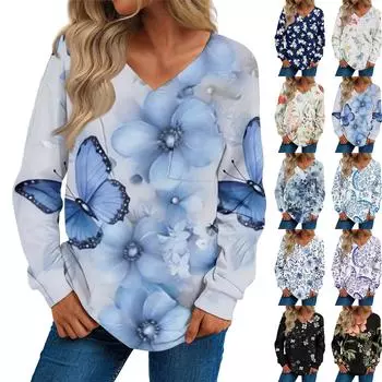 Женская мода повседневный свитер с длинным рукавом и принтом V-образным вырезом XXL циан