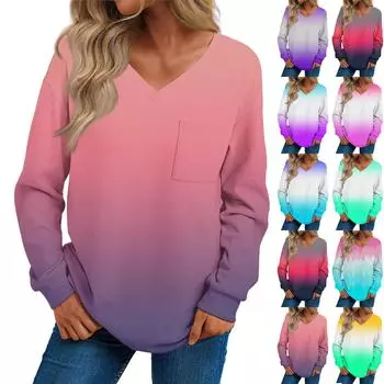 Женская мода повседневный свитер с длинным рукавом и принтом V-образным вырезом L циан