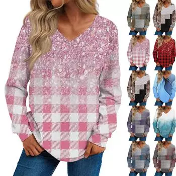 Женская мода повседневный свитер с длинным рукавом и принтом V-образным вырезом L кофейный