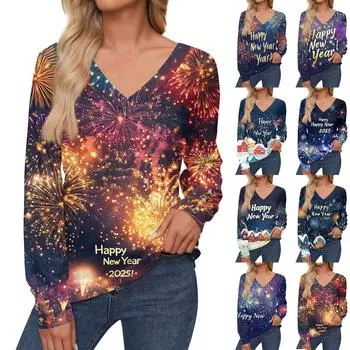 Женская мода повседневный свитер с длинным рукавом и V-образным вырезом с рождественским принтом L