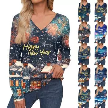 Женская мода повседневный свитер с длинным рукавом и V-образным вырезом с рождественским принтом M