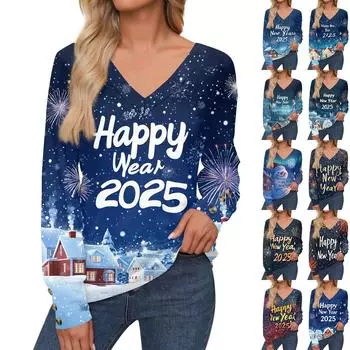 Женская мода повседневный свитер с длинным рукавом и V-образным вырезом с рождественским принтом XXXL